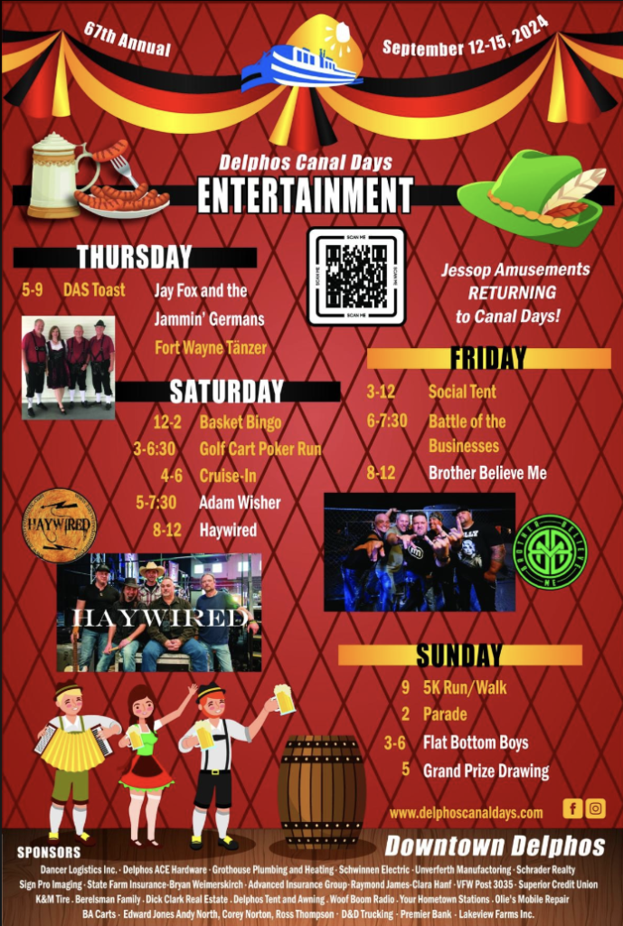 Red background poster with a list of text of the events for the weekend event Delphos Canal Days